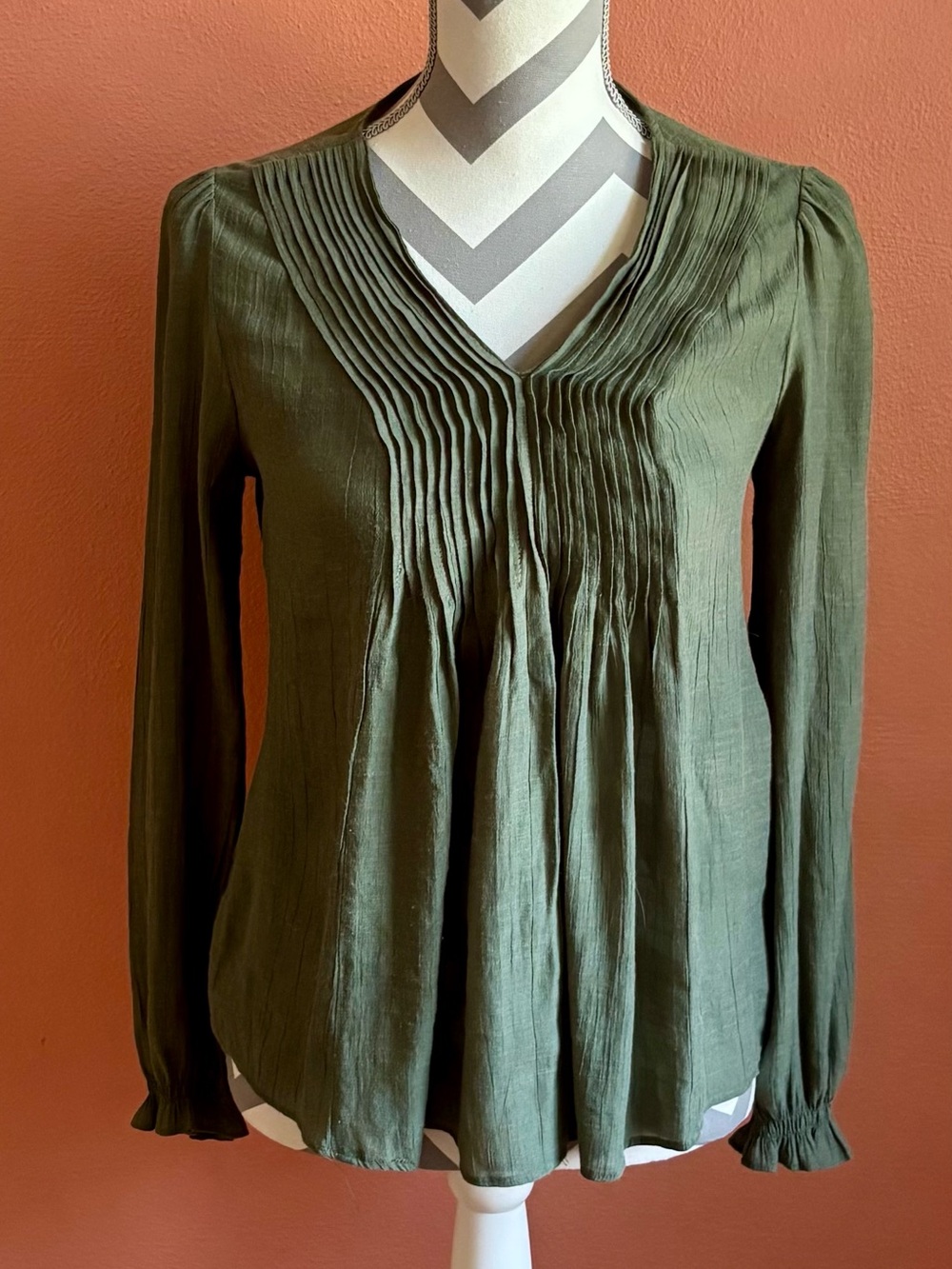 Nanette Lepore Olive Green Pintuck V-Neck Blouse